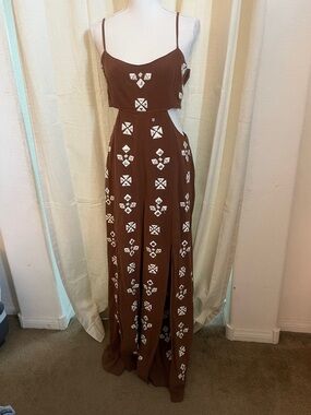 Free People Brown jumper with White Embroidered Motifs and Side Cutouts